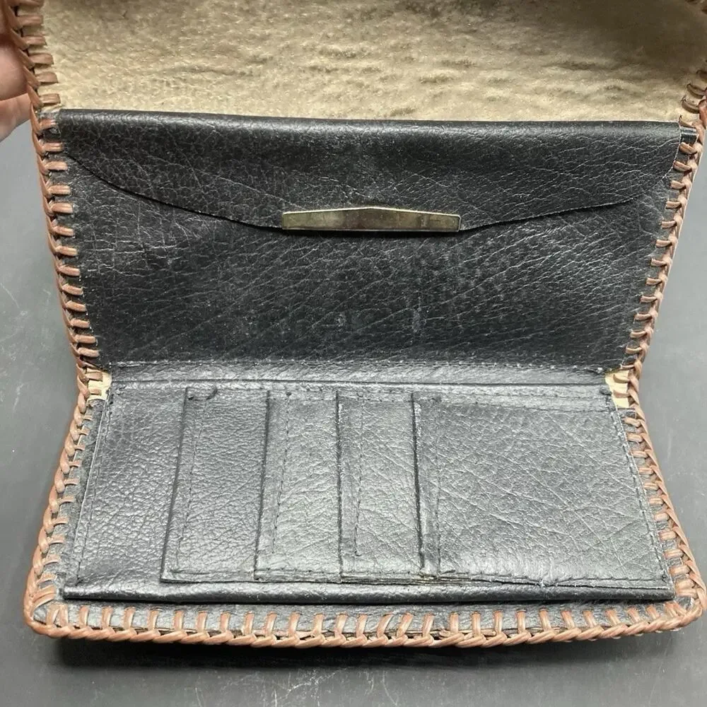 Vintage Hand Made Carved Leather Red Brown Tree Flower Floral Wallet Card Holder